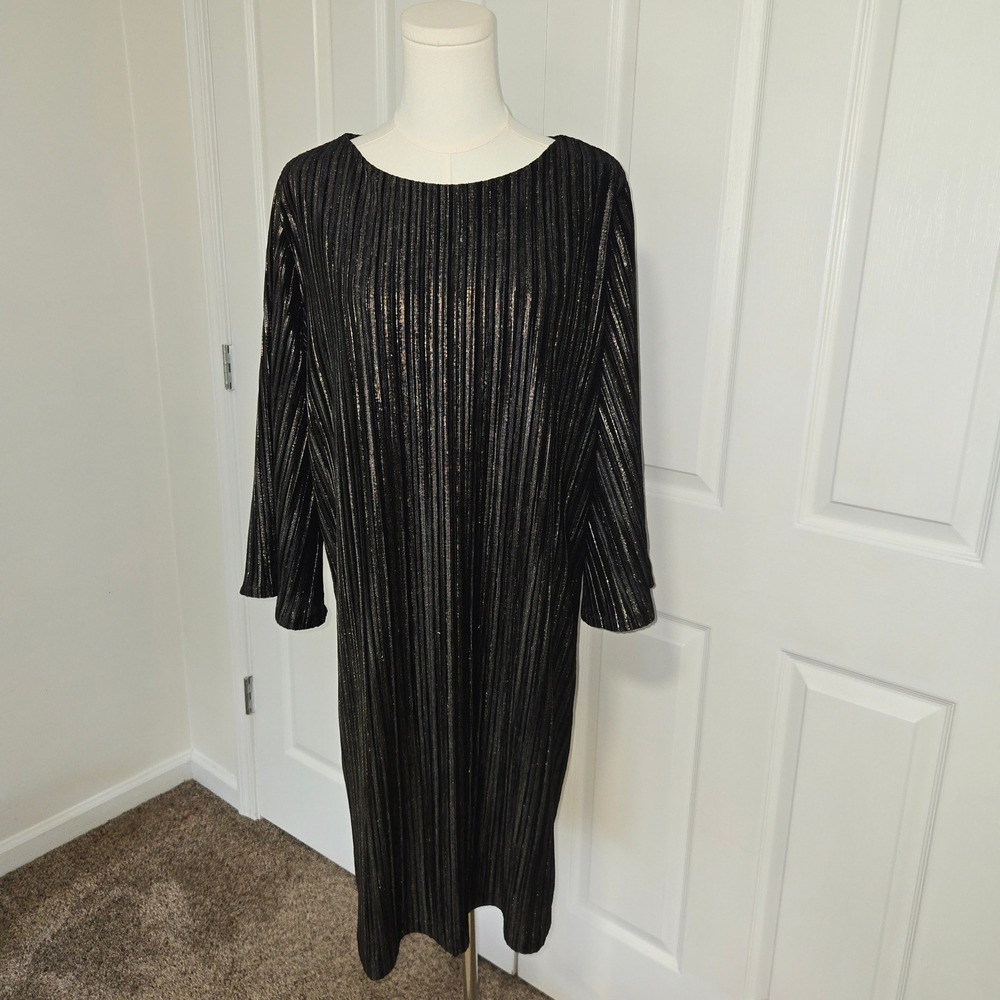 Chico's Shift Dress Womens 2 L Black Gold Metallic Pleated Long Sleeve Scoop